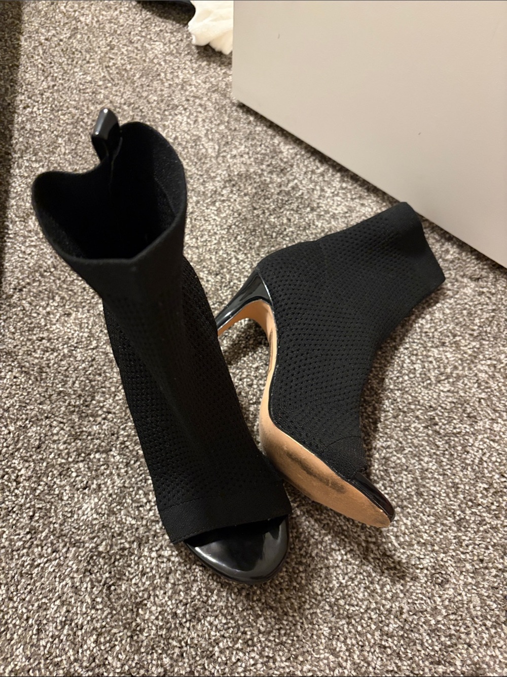 Rouge! Black Knit Peep-Toe Stiletto Sock Booties